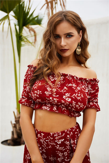 Real Shooting Two Piece Off Shoulder Chest Wrapped Shorts Printing Set Spring New Product
