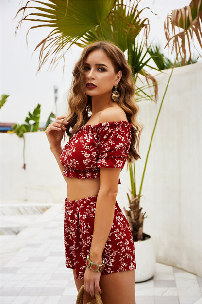 Real Shooting Two Piece Off Shoulder Chest Wrapped Shorts Printing Set Spring New Product