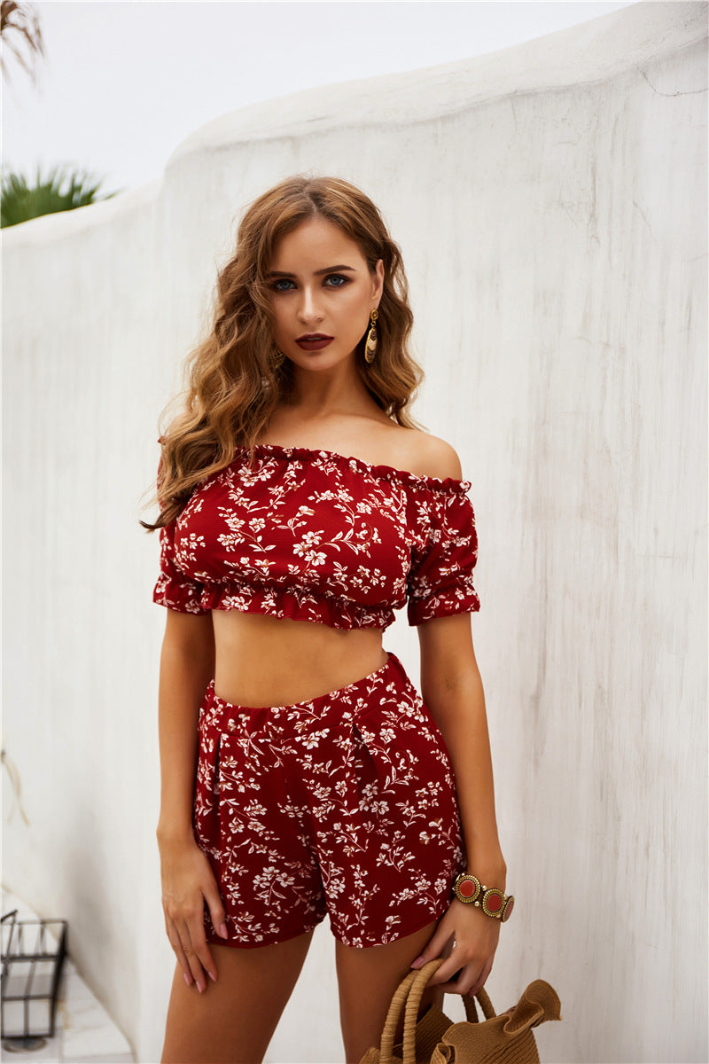 Real Shooting Two Piece Off Shoulder Chest Wrapped Shorts Printing Set Spring New Product
