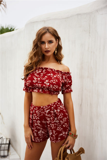 Real Shooting Two Piece Off Shoulder Chest Wrapped Shorts Printing Set Spring New Product