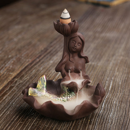 New Product Purple Sand Backflow Smoke Aromatherapy Stove Creative Mermaid Bath Tower Cigarette Backflow Incense Burner Decoration