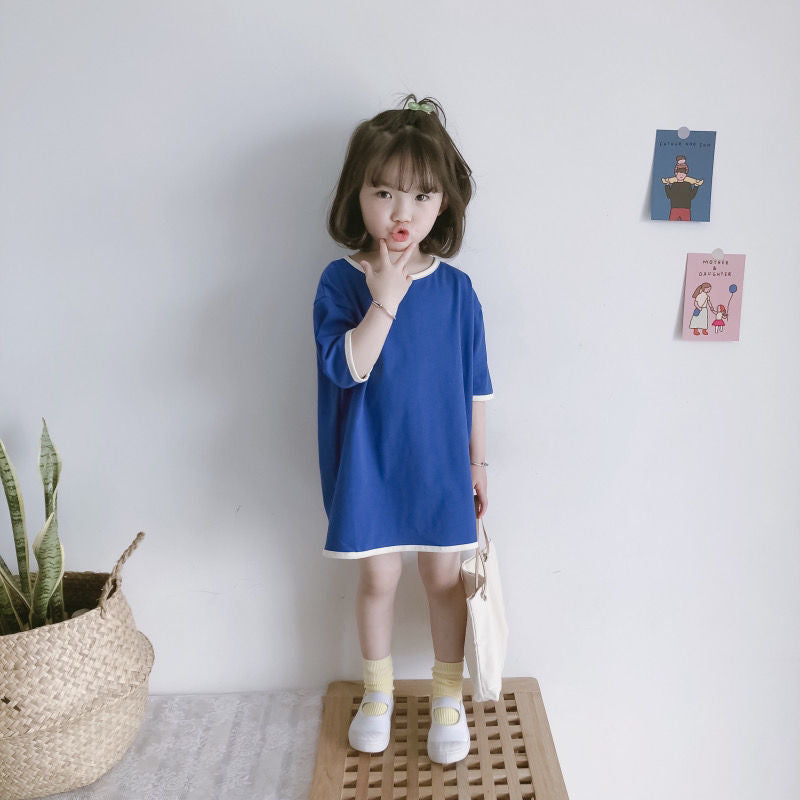 Cotton Loose Girl Dress Short Sleeve T-Shirt Dress Cute Color Block Top