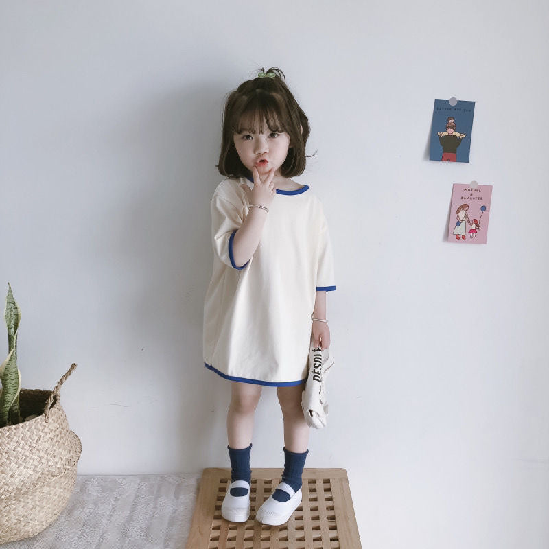 Cotton Loose Girl Dress Short Sleeve T-Shirt Dress Cute Color Block Top