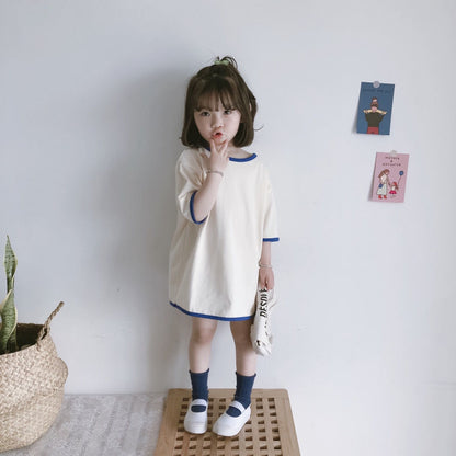 Cotton Loose Girl Dress Short Sleeve T-Shirt Dress Cute Color Block Top