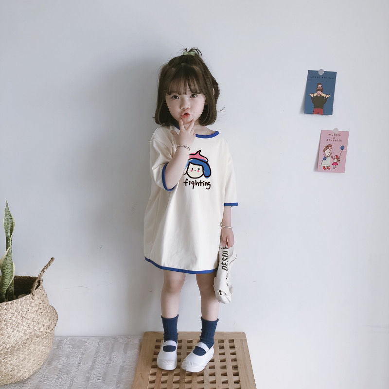 Cotton Loose Girl Dress Short Sleeve T-Shirt Dress Cute Color Block Top