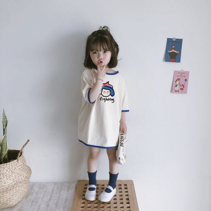 Cotton Loose Girl Dress Short Sleeve T-Shirt Dress Cute Color Block Top