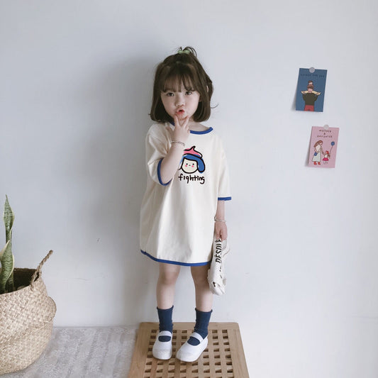 Cotton Loose Girl Dress Short Sleeve T-Shirt Dress Cute Color Block Top