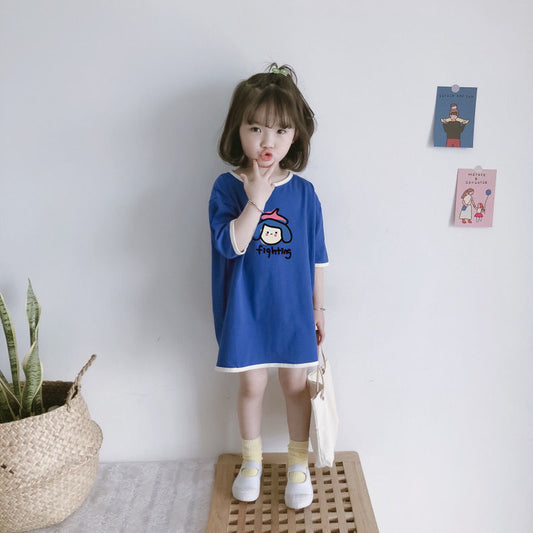Cotton Loose Girl Dress Short Sleeve T-Shirt Dress Cute Color Block Top