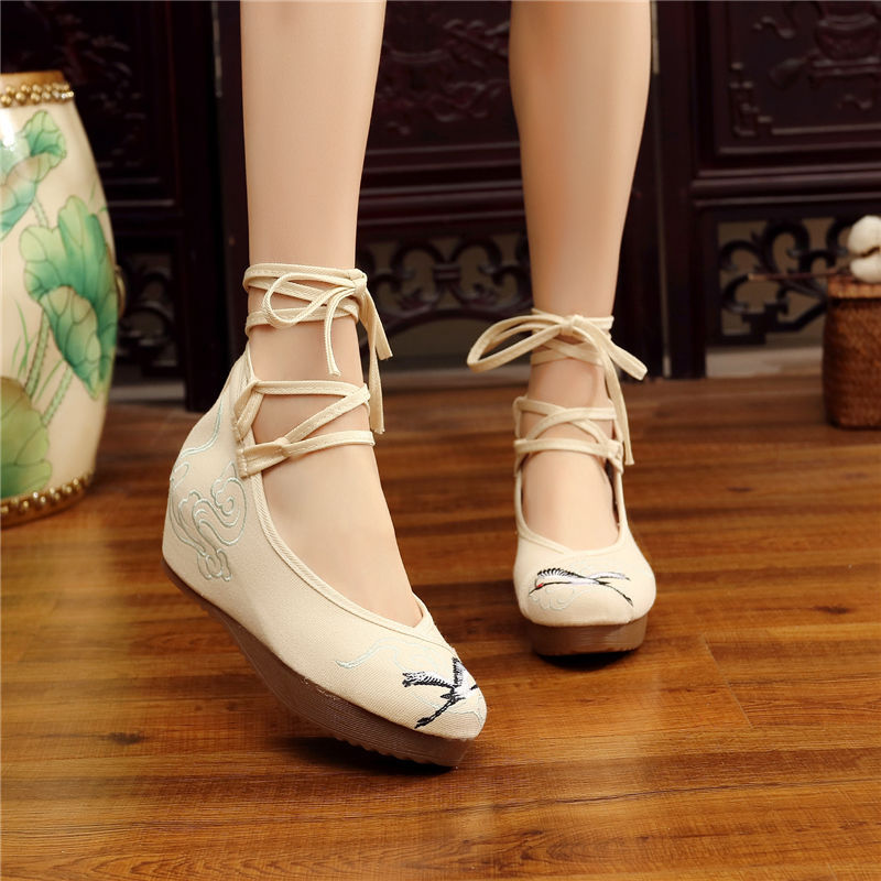Shoes Women Lace Up Embroidered Shoes With High Slope Style Dancing Shoes Single Cloth Shoes - FLIPSTYLEZLLC