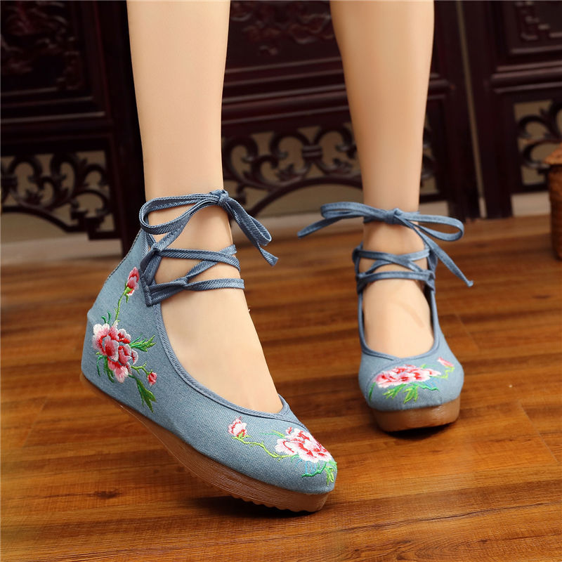 Shoes Women Lace Up Embroidered Shoes With High Slope Style Dancing Shoes Single Cloth Shoes - FLIPSTYLEZLLC