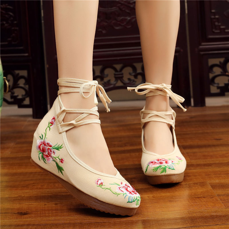 Shoes Women Lace Up Embroidered Shoes With High Slope Style Dancing Shoes Single Cloth Shoes - FLIPSTYLEZLLC