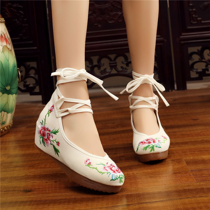 Shoes Women Lace Up Embroidered Shoes With High Slope Style Dancing Shoes Single Cloth Shoes - FLIPSTYLEZLLC