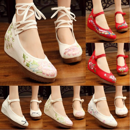 Shoes Women Lace Up Embroidered Shoes With High Slope Style Dancing Shoes Single Cloth Shoes - FLIPSTYLEZLLC