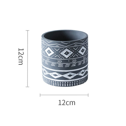 Cement Flower Pot Cylindrical Geometric Ethnic Relief