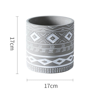 Cement Flower Pot Cylindrical Geometric Ethnic Relief