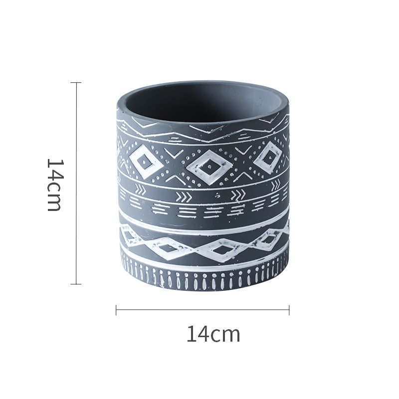Cement Flower Pot Cylindrical Geometric Ethnic Relief