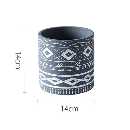 Cement Flower Pot Cylindrical Geometric Ethnic Relief