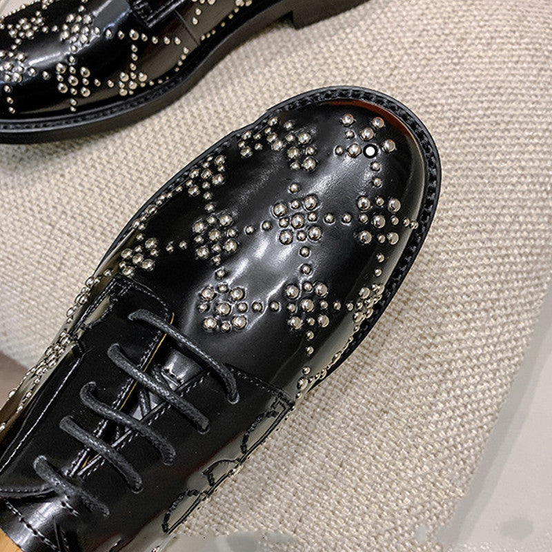 RED Leather Rivets British Style AUTHENTIC Small Leather Shoes FOR Women