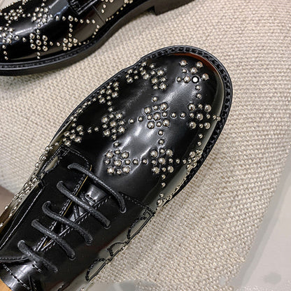 RED Leather Rivets British Style AUTHENTIC Small Leather Shoes FOR Women