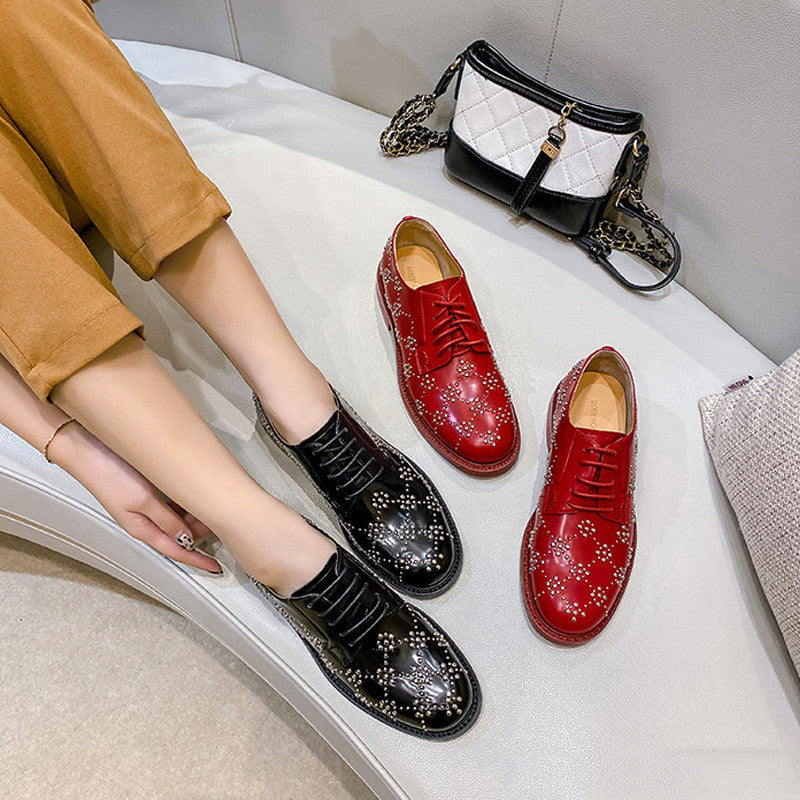 RED Leather Rivets British Style AUTHENTIC Small Leather Shoes FOR Women