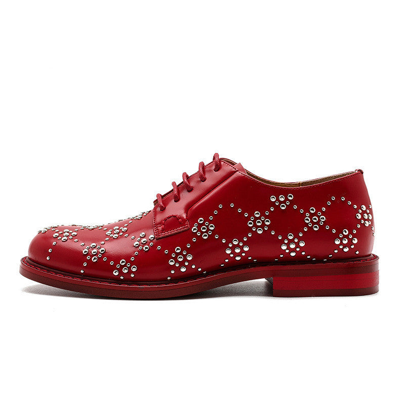 RED Leather Rivets British Style AUTHENTIC Small Leather Shoes FOR Women