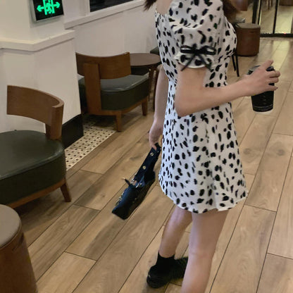 Sweet Dating Dress Can Salt Can Sweet Girl Leopard Print Cute Puff Sleeve Cow Striped Dress