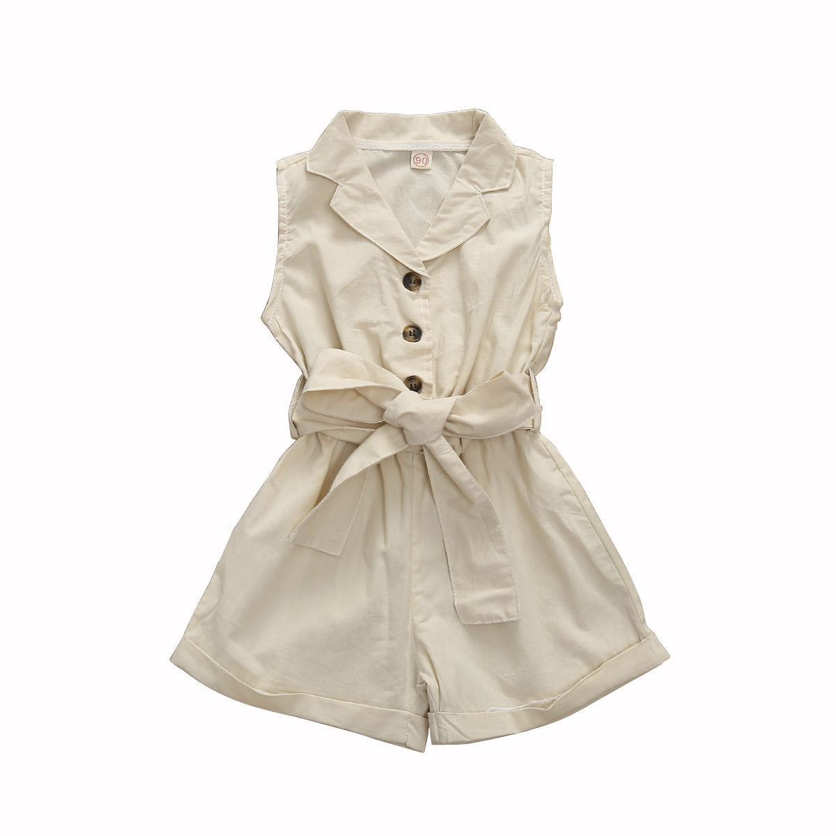 Multicolor Girls' Solid Lapel Sleeveless Single-breasted One-piece Shorts