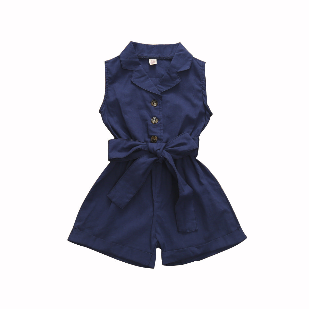 Multicolor Girls' Solid Lapel Sleeveless Single-breasted One-piece Shorts