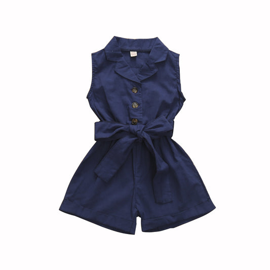 Multicolor Girls' Solid Lapel Sleeveless Single-breasted One-piece Shorts