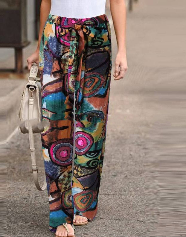 Autumn Fashion Printed Loose Pants Elastic Belt Wide Leg Pants