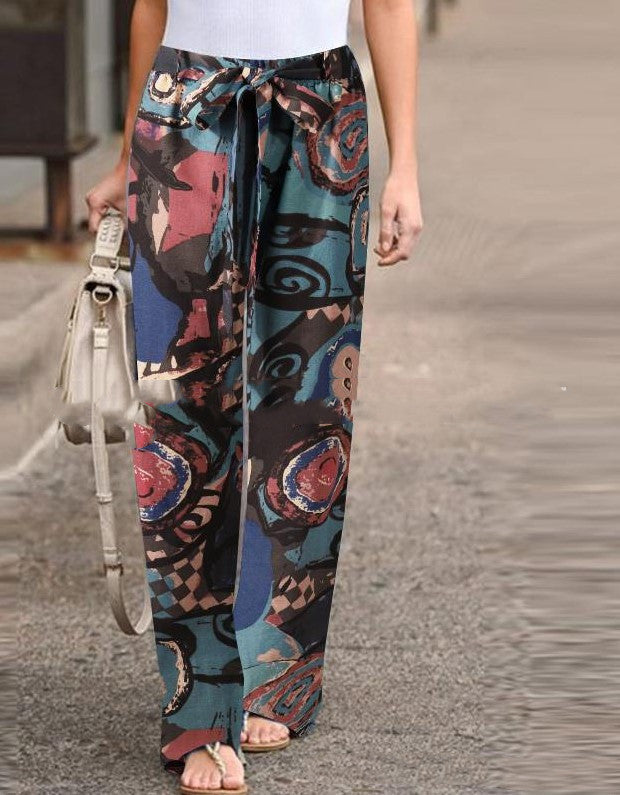 Autumn Fashion Printed Loose Pants Elastic Belt Wide Leg Pants