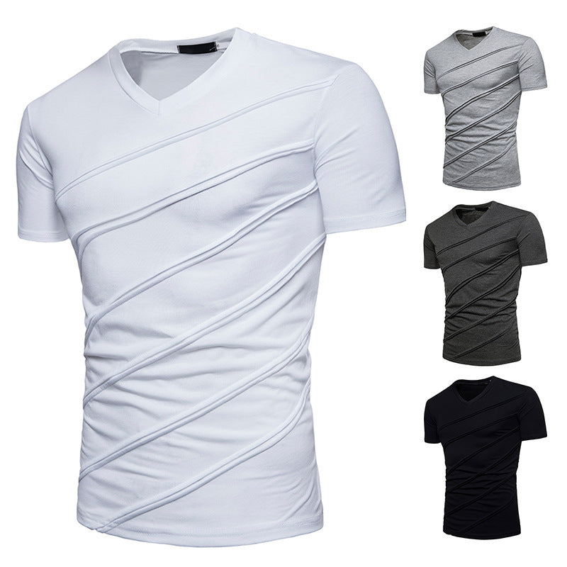 Men's Plus Size Pleated V-neck Short-sleeved T-shirt Bottoming Shirt
