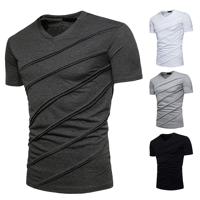 Men's Plus Size Pleated V-neck Short-sleeved T-shirt Bottoming Shirt