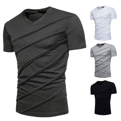 Men's Plus Size Pleated V-neck Short-sleeved T-shirt Bottoming Shirt