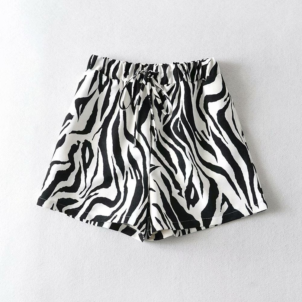 Summer New Animal Pattern Elastic Waist Drawstring Loose Casual Shorts