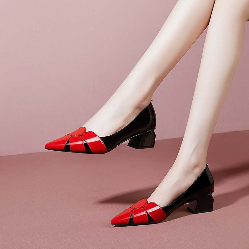 Red thick heel flat soft leather women's shoes