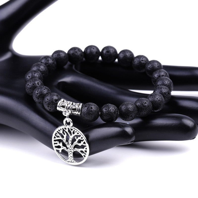 New Product Hot Selling Tree Of Life Pendant Natural Stone Volcanic Stone Wenge Wood Couple Beaded Bracelet