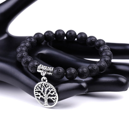 New Product Hot Selling Tree Of Life Pendant Natural Stone Volcanic Stone Wenge Wood Couple Beaded Bracelet