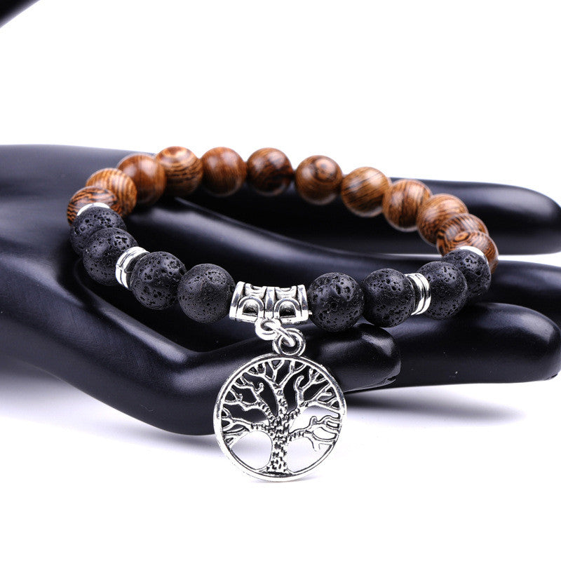 New Product Hot Selling Tree Of Life Pendant Natural Stone Volcanic Stone Wenge Wood Couple Beaded Bracelet