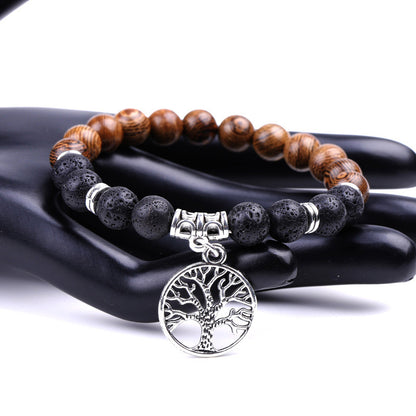 New Product Hot Selling Tree Of Life Pendant Natural Stone Volcanic Stone Wenge Wood Couple Beaded Bracelet