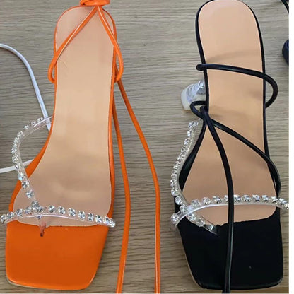 Lace-up Plus Size Women's Fashion Shoes Transparent Heel Sandals With Rhinestones