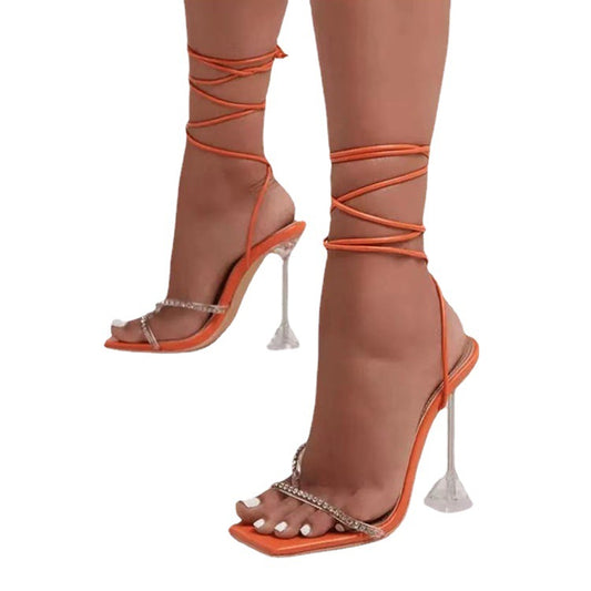 Lace-up Plus Size Women's Fashion Shoes Transparent Heel Sandals With Rhinestones
