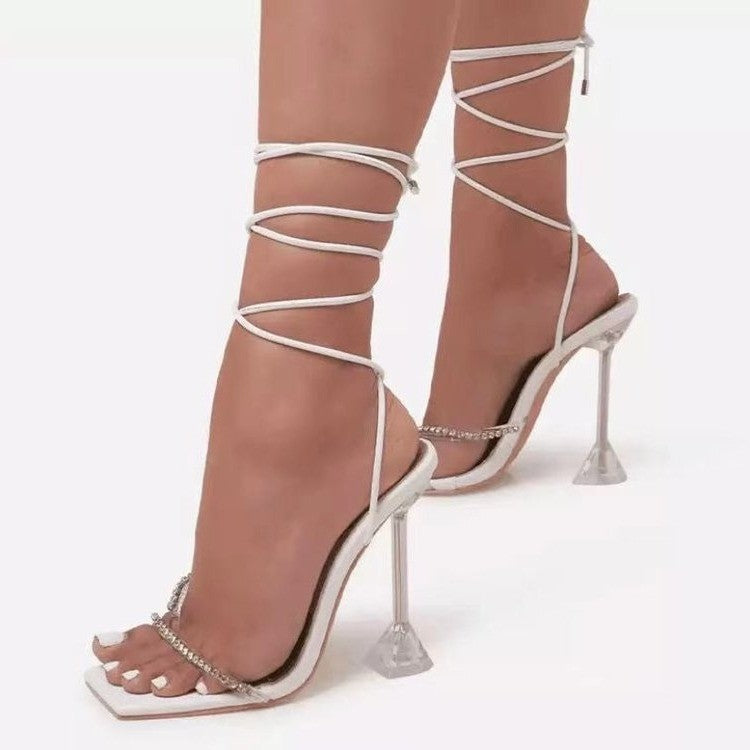 Lace-up Plus Size Women's Fashion Shoes Transparent Heel Sandals With Rhinestones