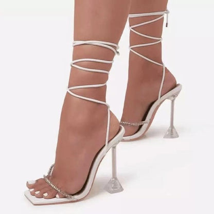 Lace-up Plus Size Women's Fashion Shoes Transparent Heel Sandals With Rhinestones