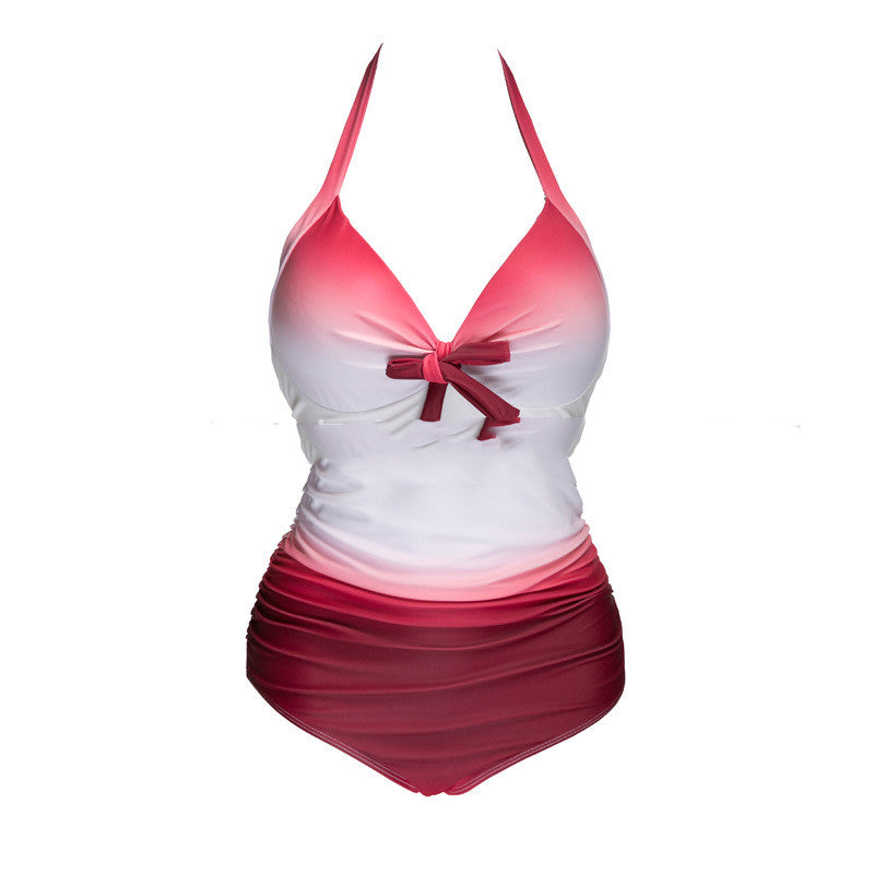 Lovely Plus Size Boho Gradient Bow-tie Decoration Red One-piece Swimsuit