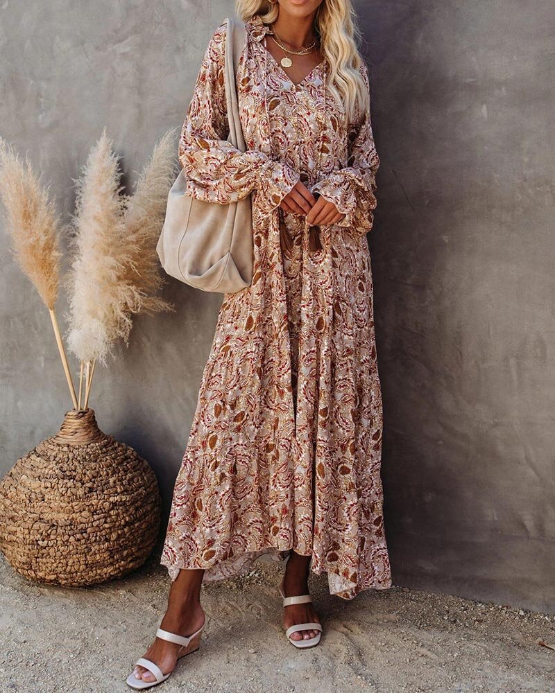 Sexy Women's Khaki Loose V-Neck Lace Long Print Beach Dress