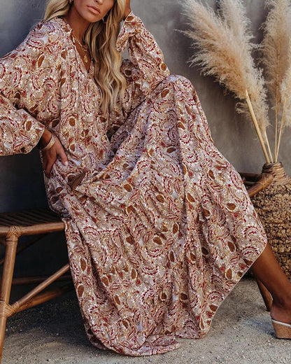 Sexy Women's Khaki Loose V-Neck Lace Long Print Beach Dress