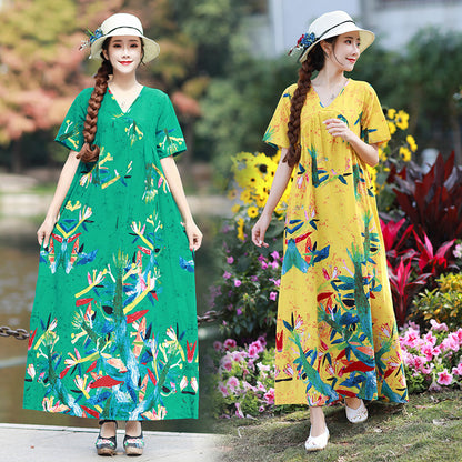 Literary Retro V-neck Plus Size Loose Long-sleeved Dress