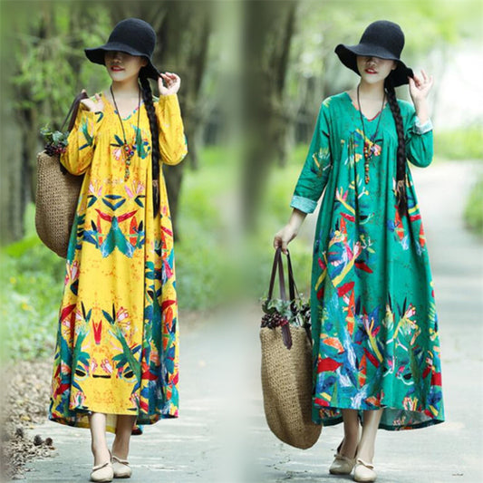 Literary Retro V-neck Plus Size Loose Long-sleeved Dress