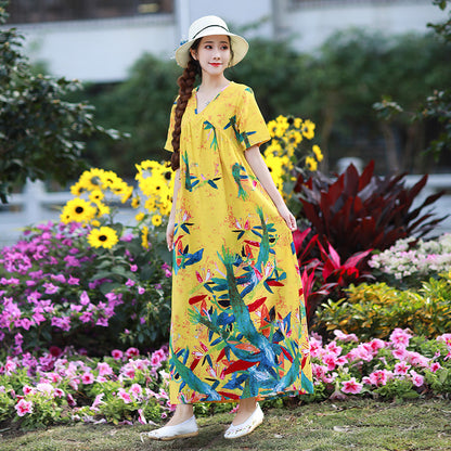 Literary Retro V-neck Plus Size Loose Long-sleeved Dress